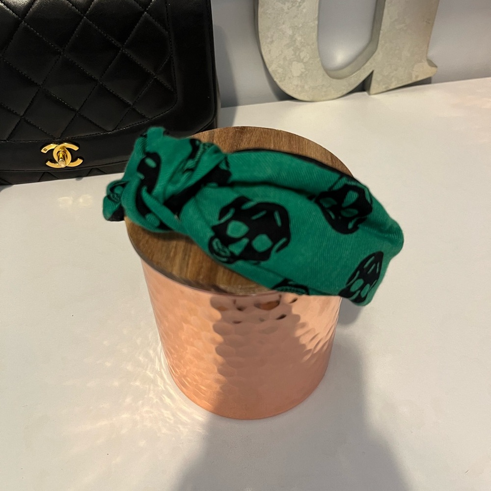 Repurposed McQueen Scarf Green & Black Skull Pattern Headband